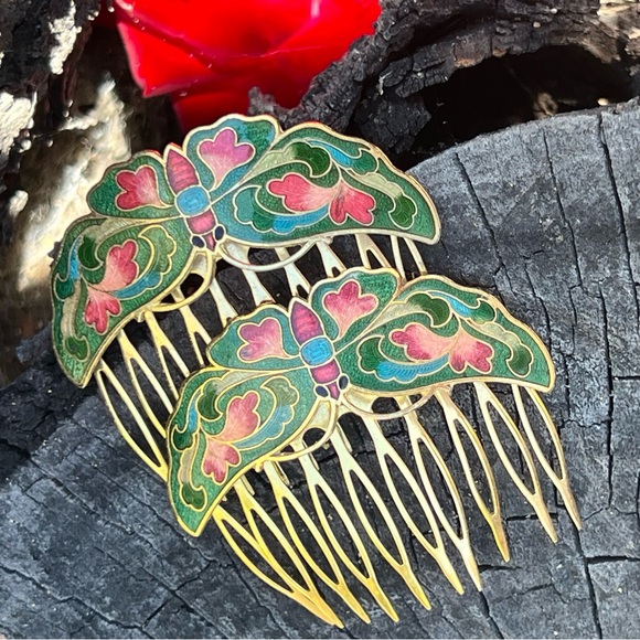 Vintage Cloisonné Butterfly Green Hair Comb Set - Picture 8 of 9